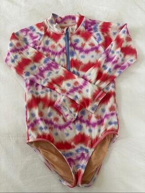 Girls Long Sleeve Tie-Dye Rash Guard One-Piece Swimsuit